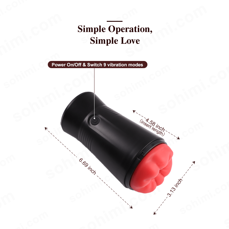 Black and red male sex toy device with 'sohimi.com' branding on a green background
