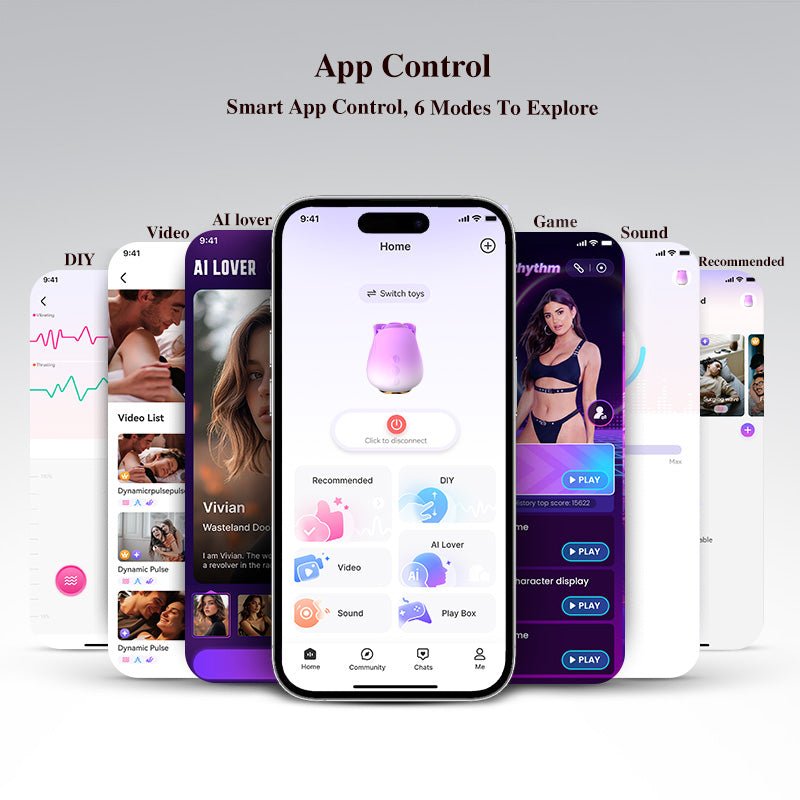 Smart app control interface with multiple screens on a gray background