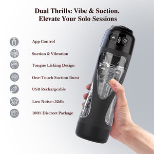 Hand holding Mutant X vibrating masturbation cup showing size and grip