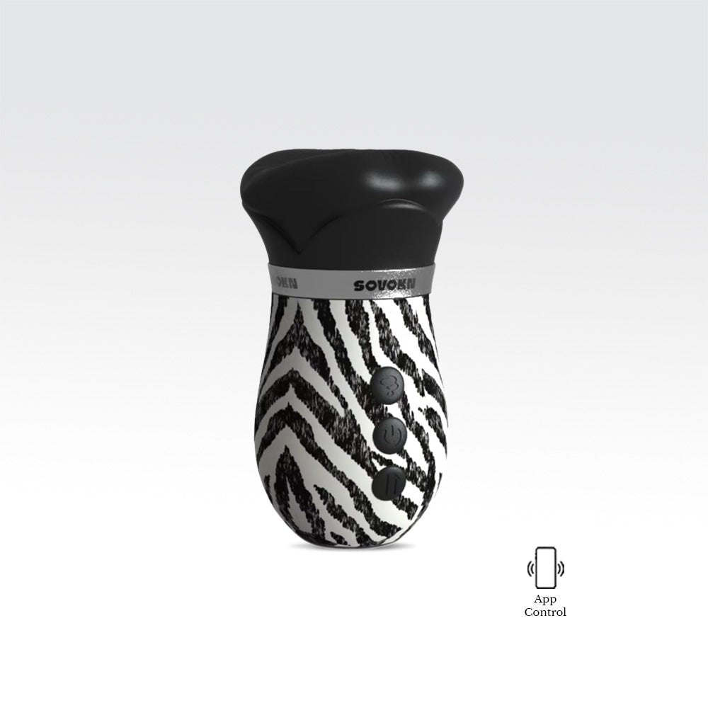 Black and white zebra-patterned electronic device with 'Sovoka' branding on a light gray background.