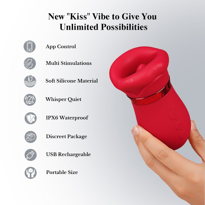 Red 'Kiss' vibe with features listed on a gray background