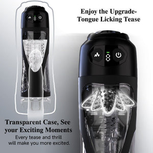 Black electronic device with digital display and transparent case on a gray background