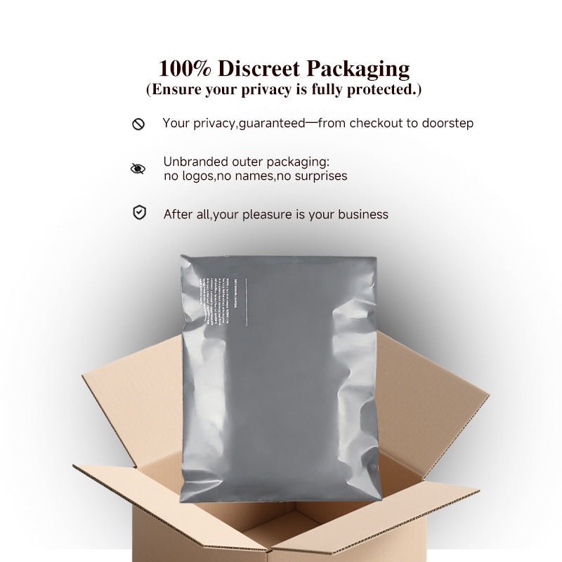 Unbranded packaging bag inside a cardboard box with privacy assurance text.