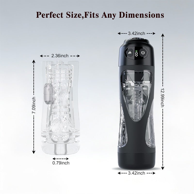 Black male sex toy with dimensions labeled on a light gray background