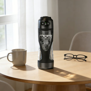 Portable automatic masturbator cup standing on table next to coffee mug