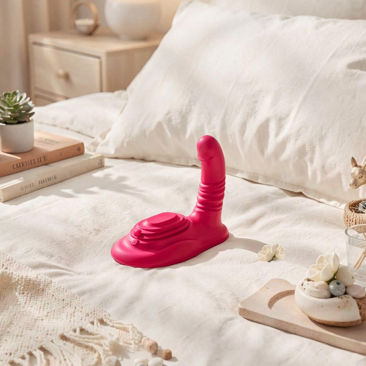Pink silicone product on a bed with books and decor items.