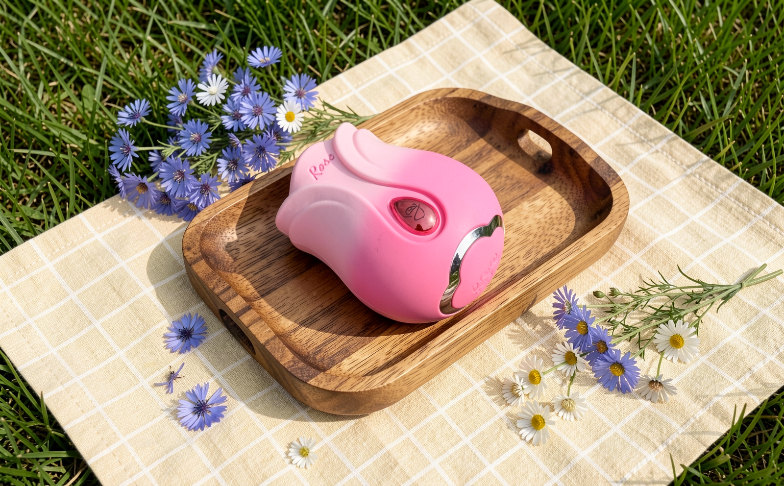 Pink rose vibrator on a wooden tray with flowers on a grassy background