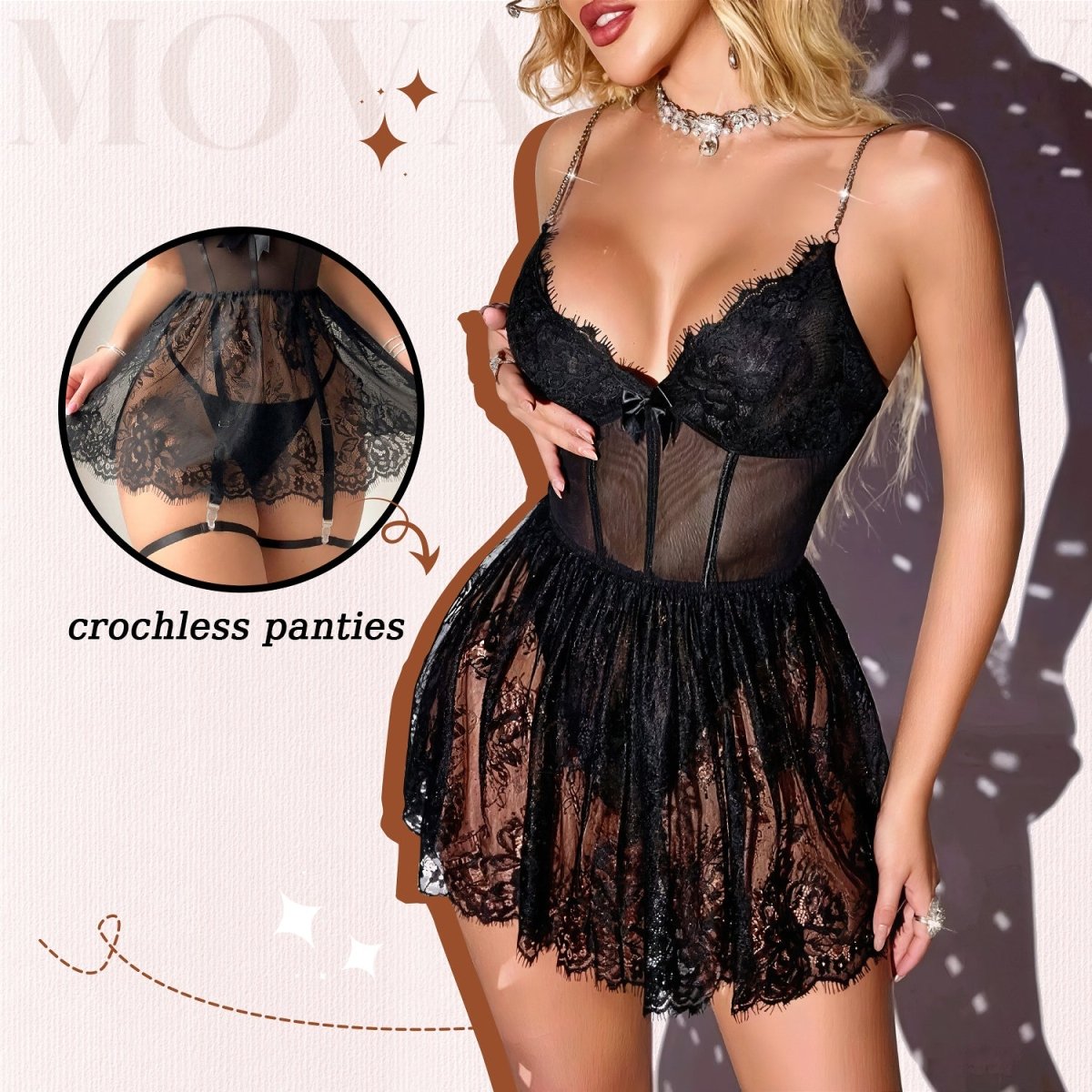 Strappy Sexy Lace V - Neck Babydoll Lingerie Set - Sohimi