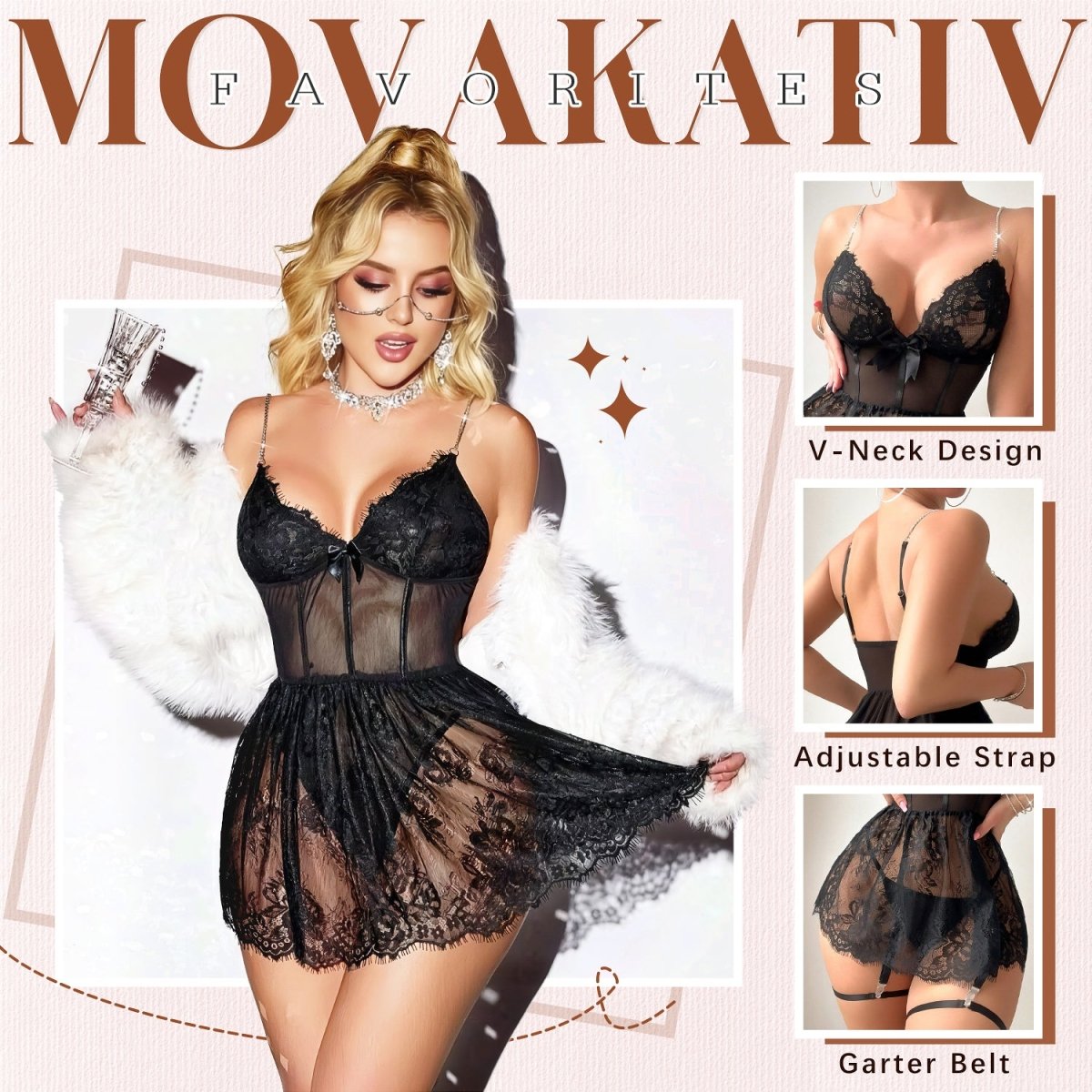 Strappy Sexy Lace V - Neck Babydoll Lingerie Set - Sohimi