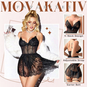 Strappy Sexy Lace V - Neck Babydoll Lingerie Set - Sohimi