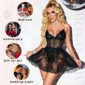 Strappy Sexy Lace V - Neck Babydoll Lingerie Set - Sohimi