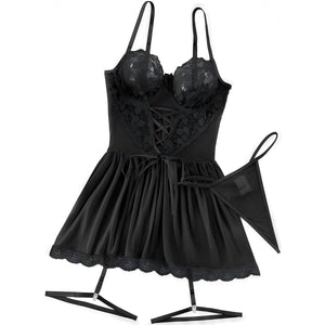 Strappy Sexy Lace V - Neck Babydoll Lingerie Set - Sohimi