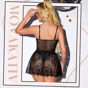 Strappy Sexy Lace V - Neck Babydoll Lingerie Set - Sohimi