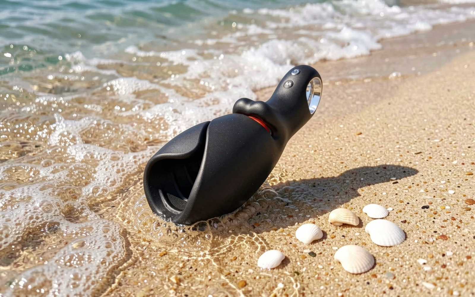 Black penis trainer housing on a sandy beach with ocean waves.