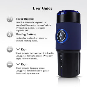 Blue and black handheld device with user guide text on a white background