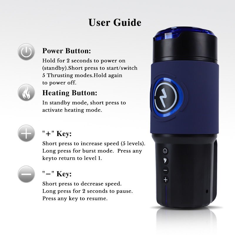 Blue and black handheld device with user guide text on a white background