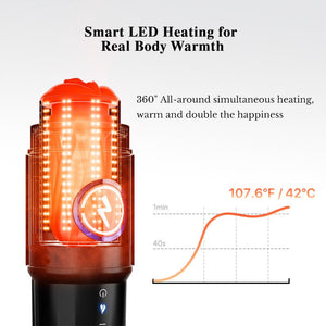 Smart LED heating device with glowing interior and text about heating performance on a white background