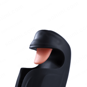 Black penis trainer with a visible tongue on a green background with 'sohimi.com' text.