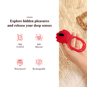 Red device held by a hand with promotional text and branding on a green background