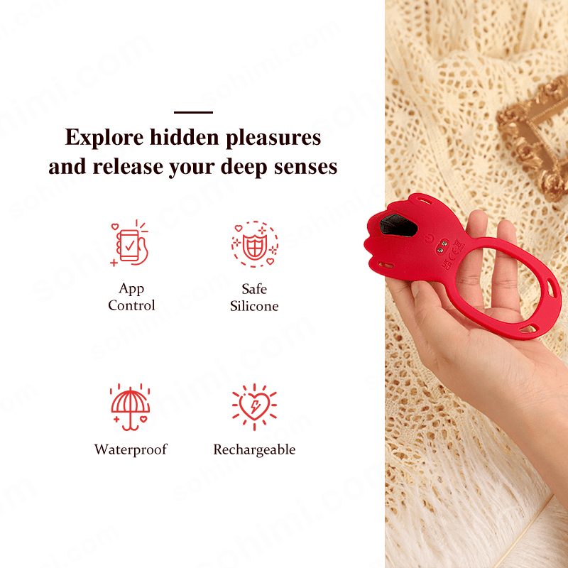 Red device held by a hand with promotional text and branding on a green background
