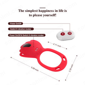 Red and white device with vibration modes and power control on a green background with 'sohimi.com' text.