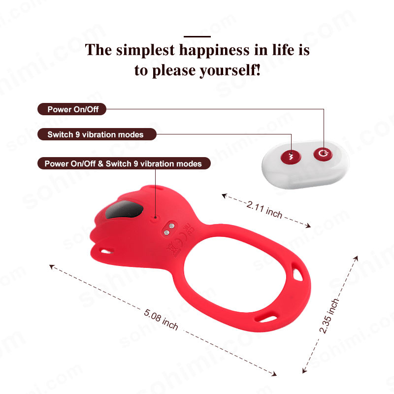 Red and white device with vibration modes and power control on a green background with 'sohimi.com' text.