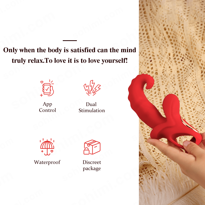 Red sex toy held by a hand with promotional text on a green background