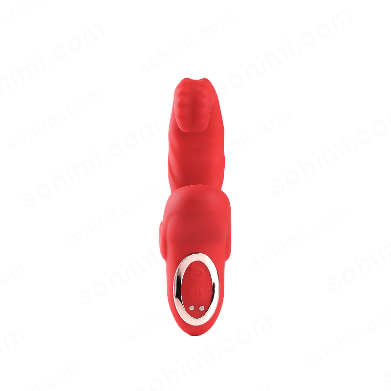 Red silicone tongue vibrator on a green background with 'sohimi.com' text.