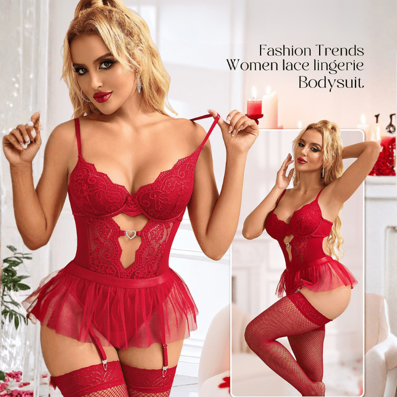 Heart Cutout Bodysuit Set - Lace Teddy with Skirt & Stockings Sohimi Heart Cutout Bodysuit Set - Lace Teddy with Skirt & Stockings Sohimi