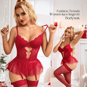 Woman's 4 Pcs Sexy Bodysuit Lingerie Sets with Detachable Mesh Mini Skirt - Sohimi