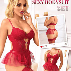 Woman's 4 Pcs Sexy Bodysuit Lingerie Sets with Detachable Mesh Mini Skirt - Sohimi