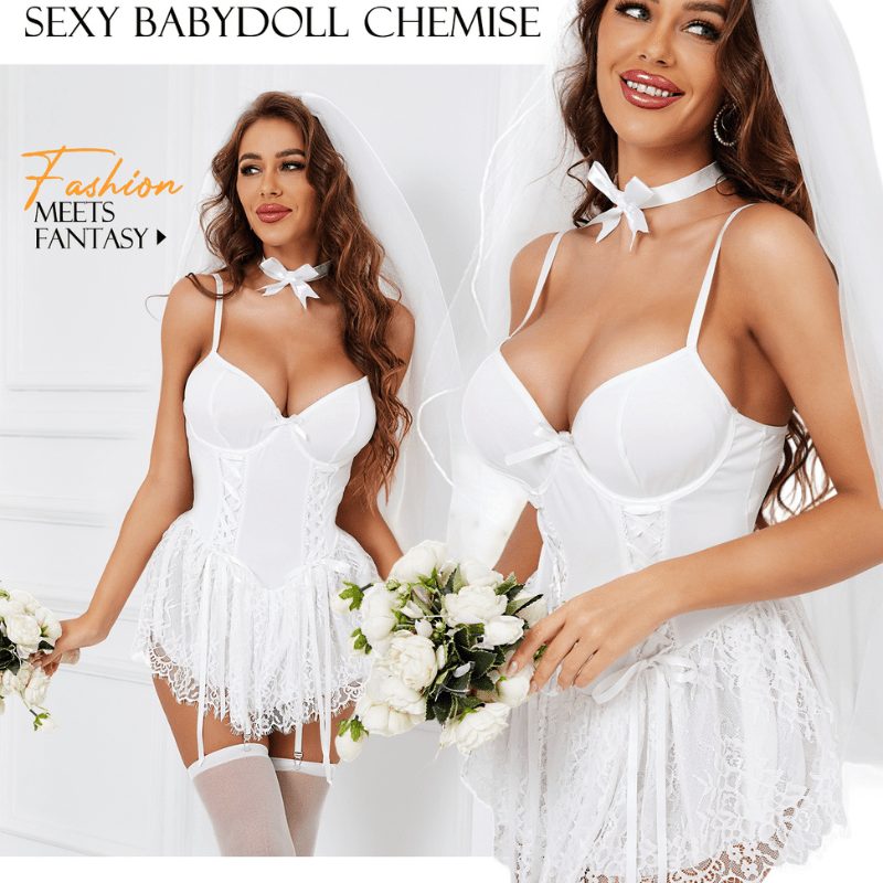 Women's 4 Pieces Sexy Lace Lingerie Babydoll Sets with Bow Tie - Sohimi