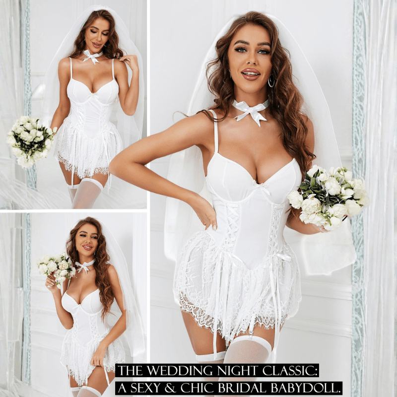 Women's 4 Pieces Sexy Lace Lingerie Babydoll Sets with Bow Tie - Sohimi